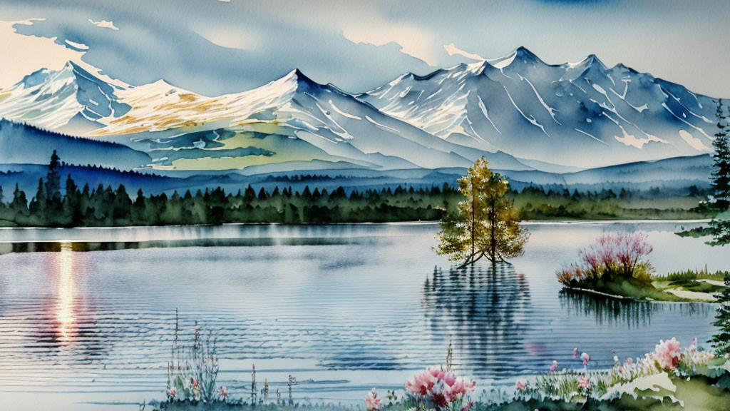 Serene lake scene with solitary tree, mountains, and sky