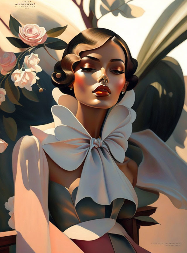 Stylized illustration of woman with bow, dramatic makeup, vintage hairstyle, roses.