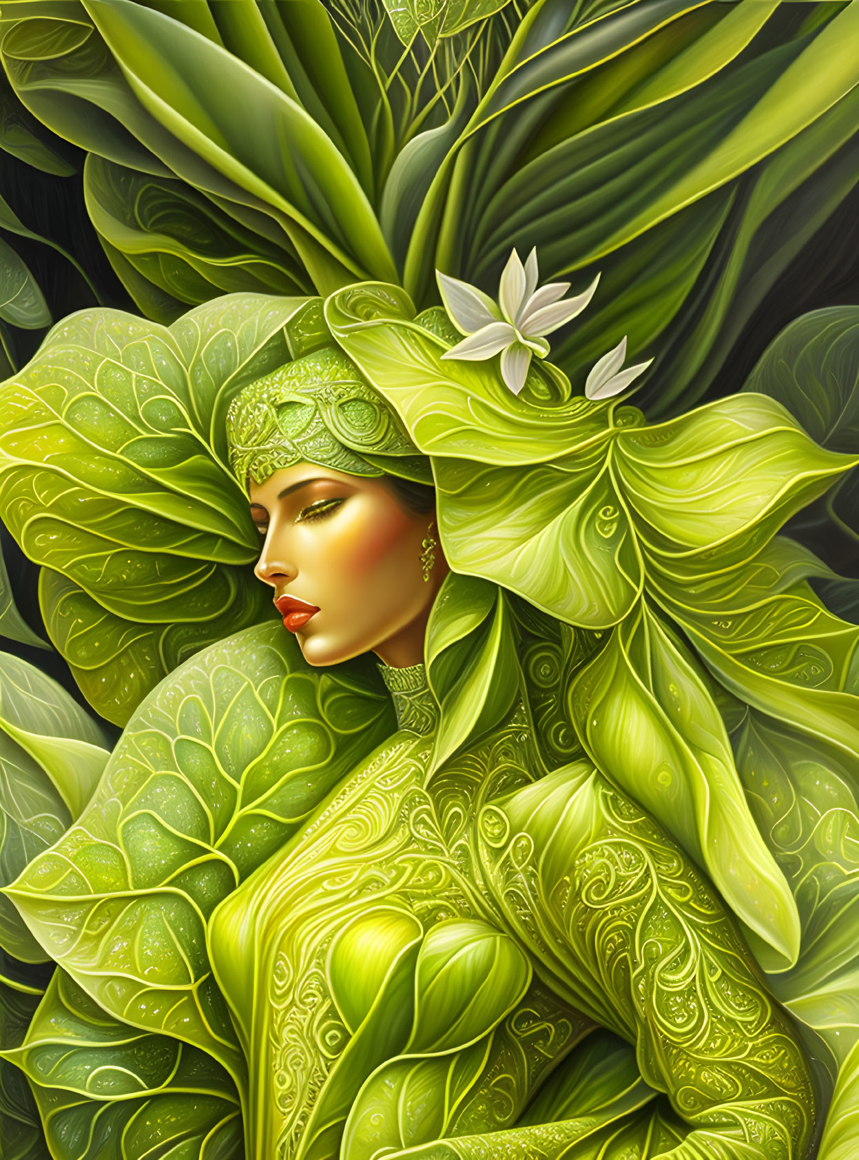 Illustration of woman with green leaves and floral elements in nature-inspired theme