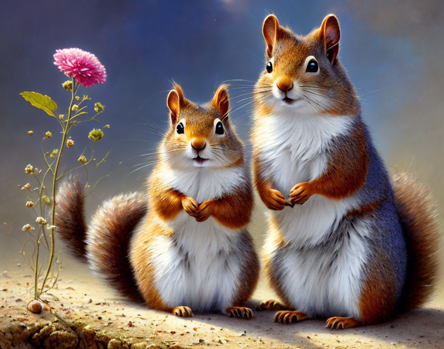 Illustrated squirrels with pink flower in soft-focus background