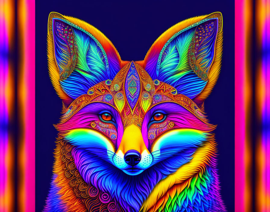 Colorful Psychedelic Fox Illustration on Striped Background