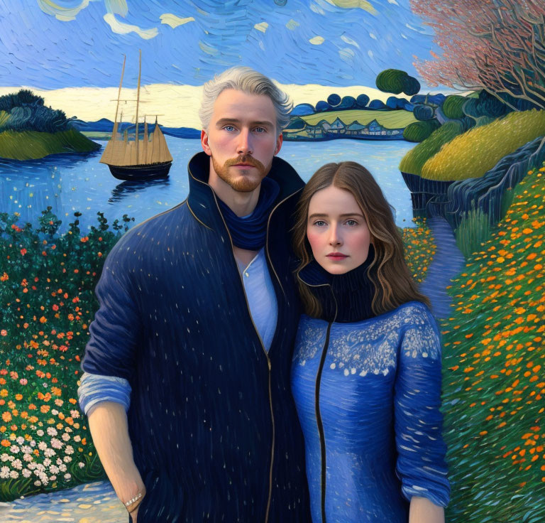 Man and woman in vibrant, Van Gogh-inspired outdoor scene