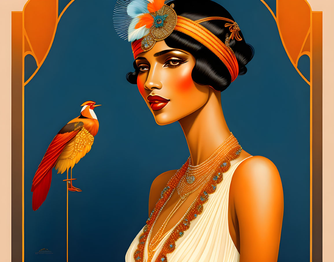 Elegant Art Deco Woman with Headpiece and Bird Illustration