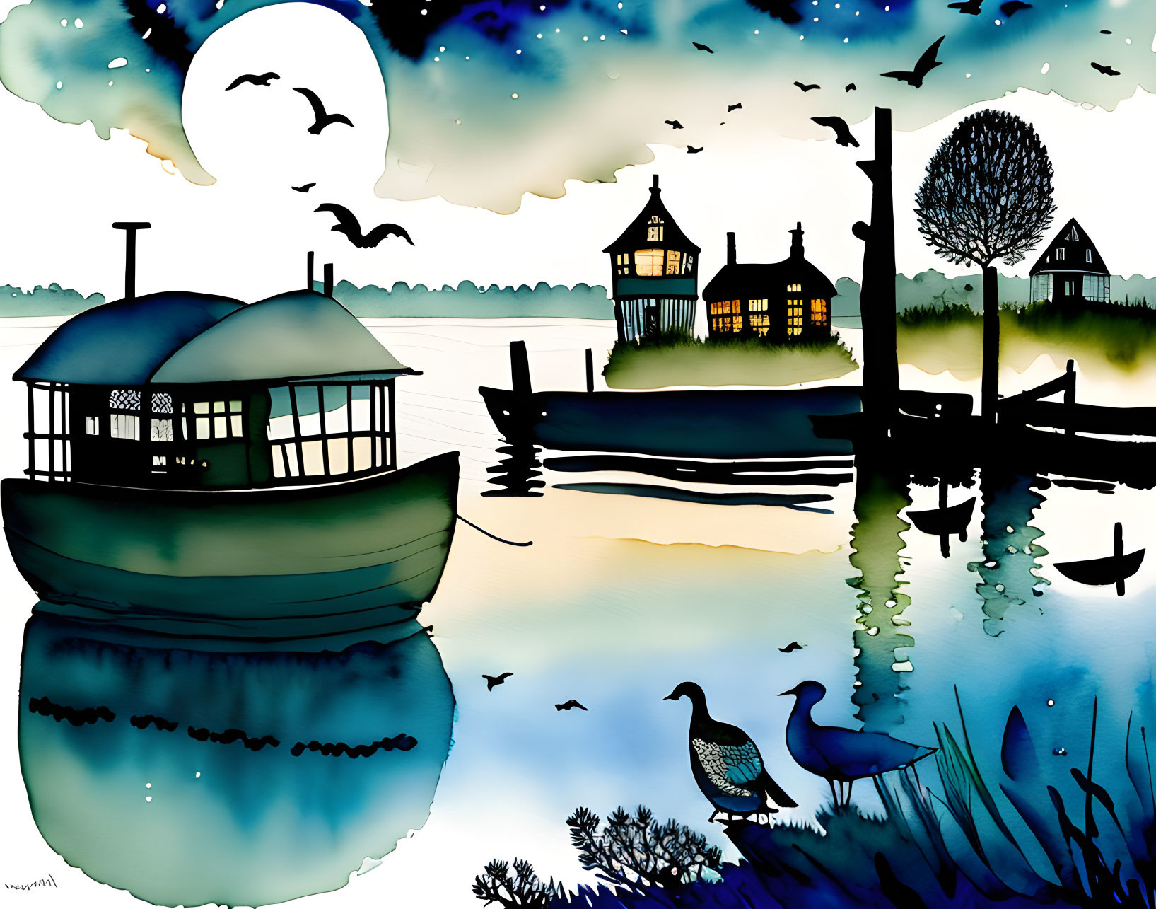 Illustration of lakeside night scene with boat, houses, trees, ducks, and starry sky