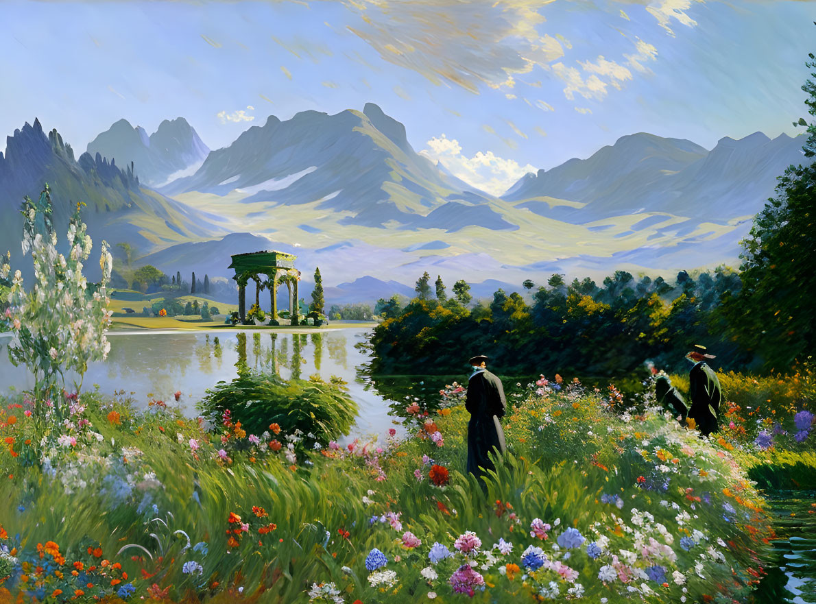 Scenic landscape painting: mountains, lake, people walking among wildflowers