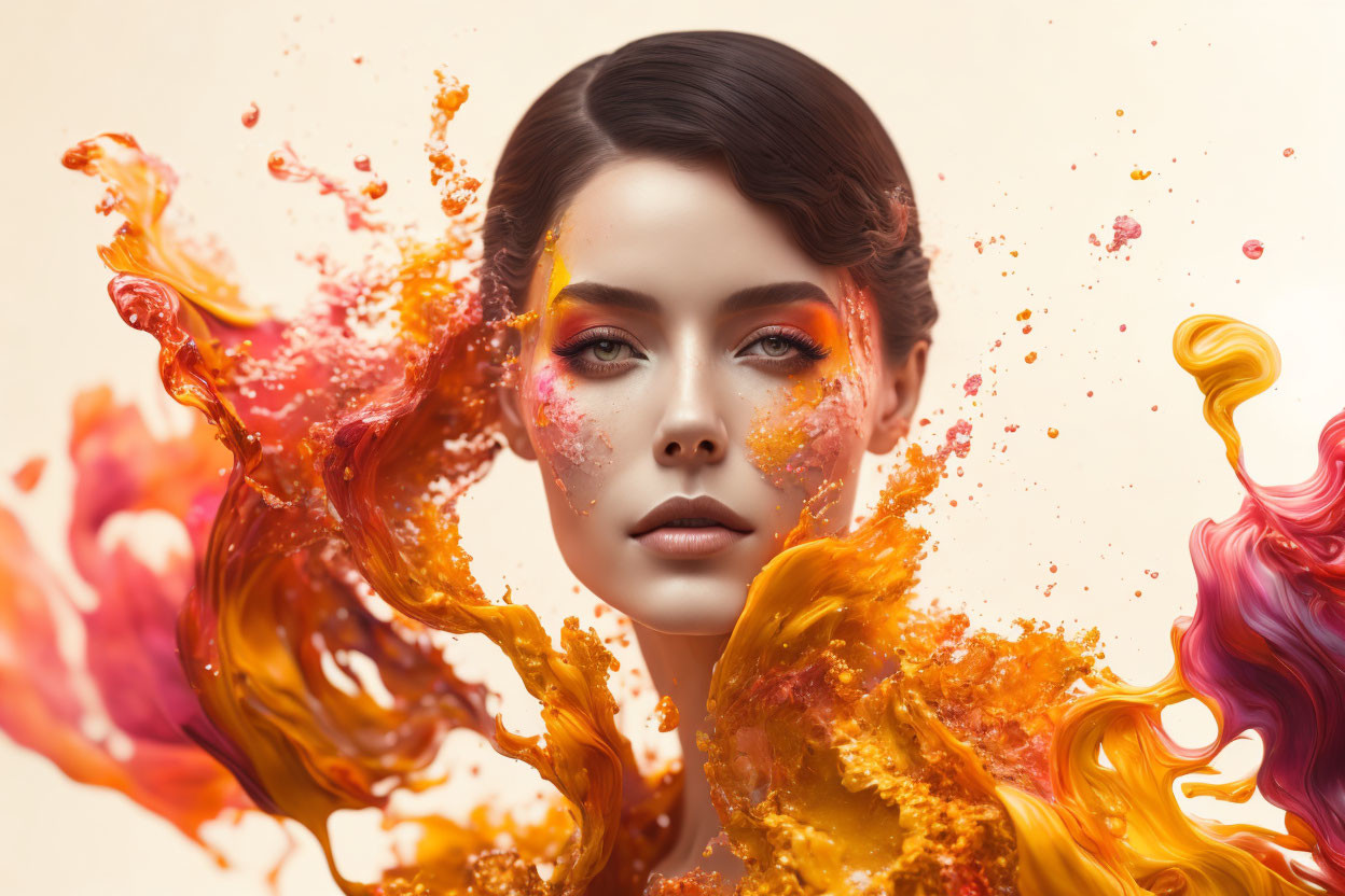 Serene woman surrounded by vibrant red, orange, and yellow swirls