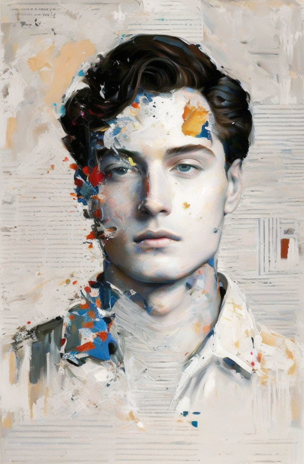 Realistic portrait of young man with abstract colorful paint splashes