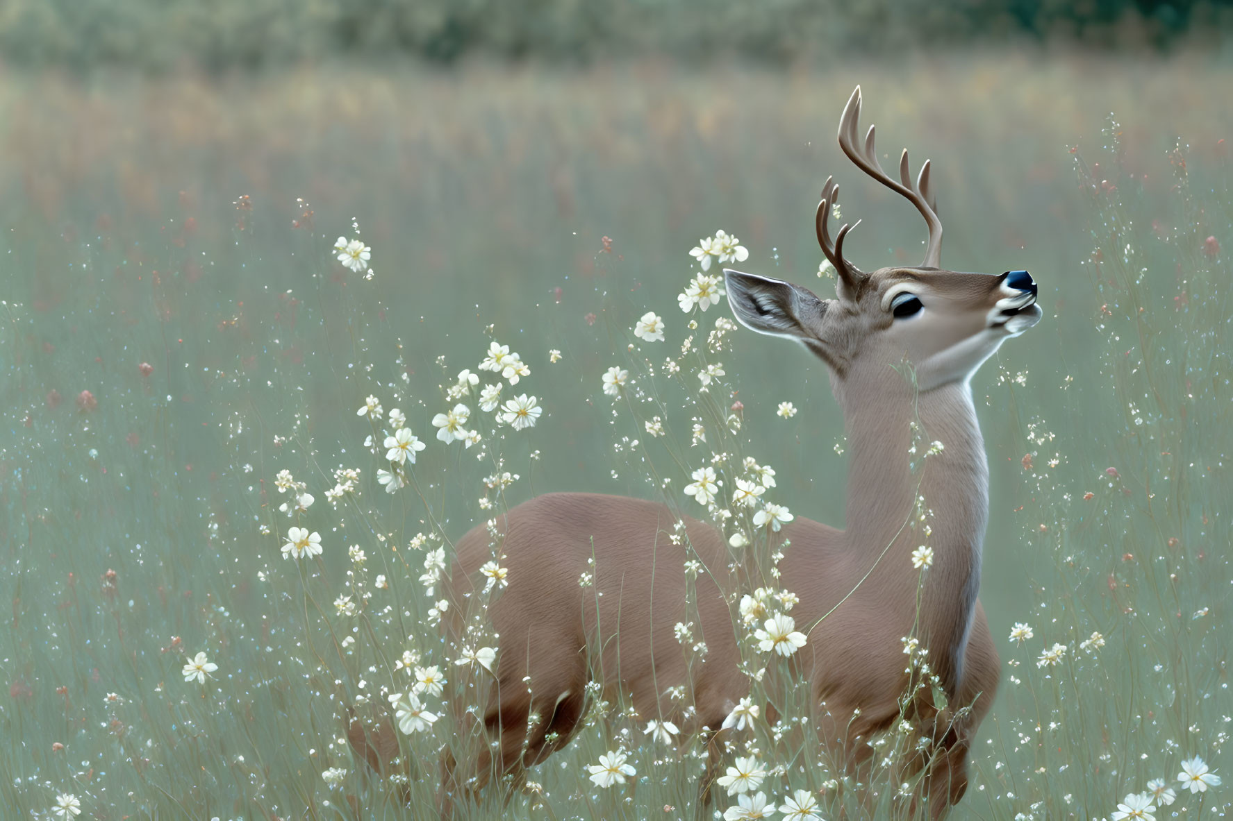 Brown deer with antlers in white wildflowers - Tranquil Nature Scene