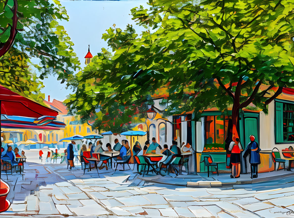 Colorful street scene with diners under umbrellas, vibrant buildings, trees, and blue sky