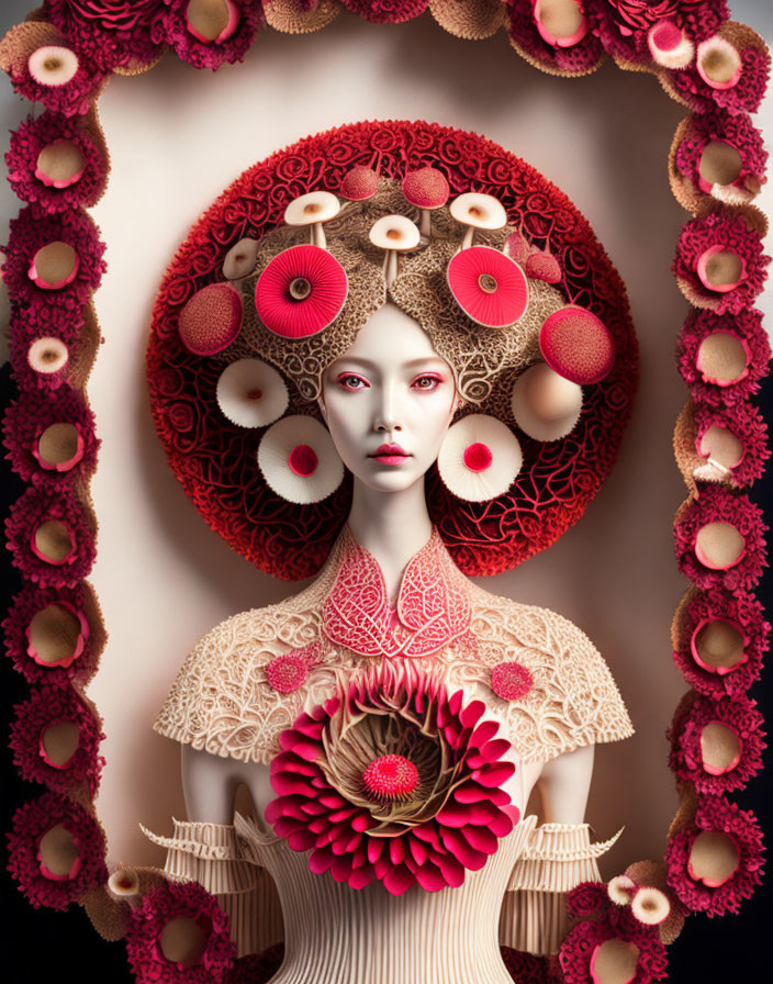 Surreal portrait featuring figure with red flower halo and intricate patterns