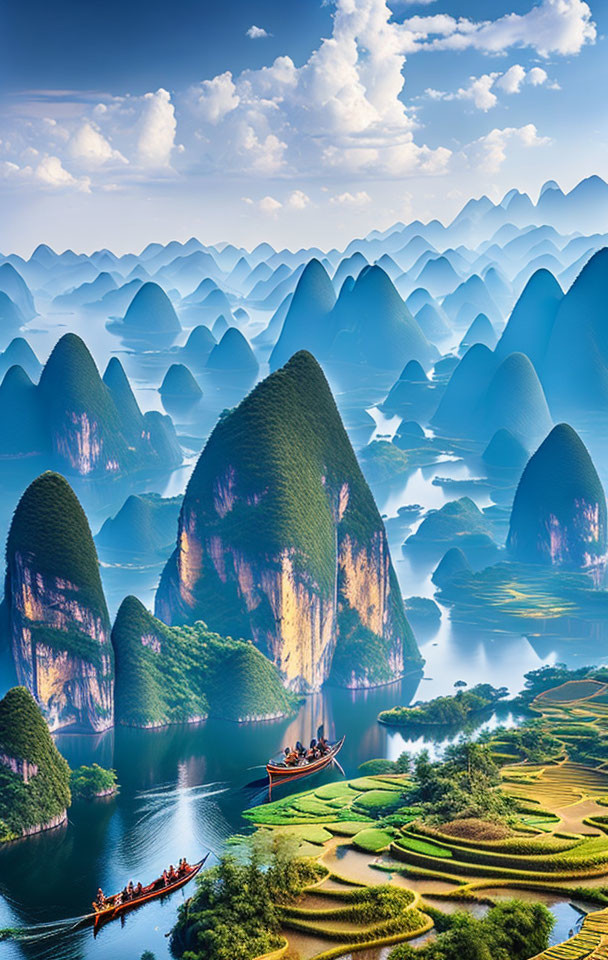 Scenic karst mountains and river with traditional boats