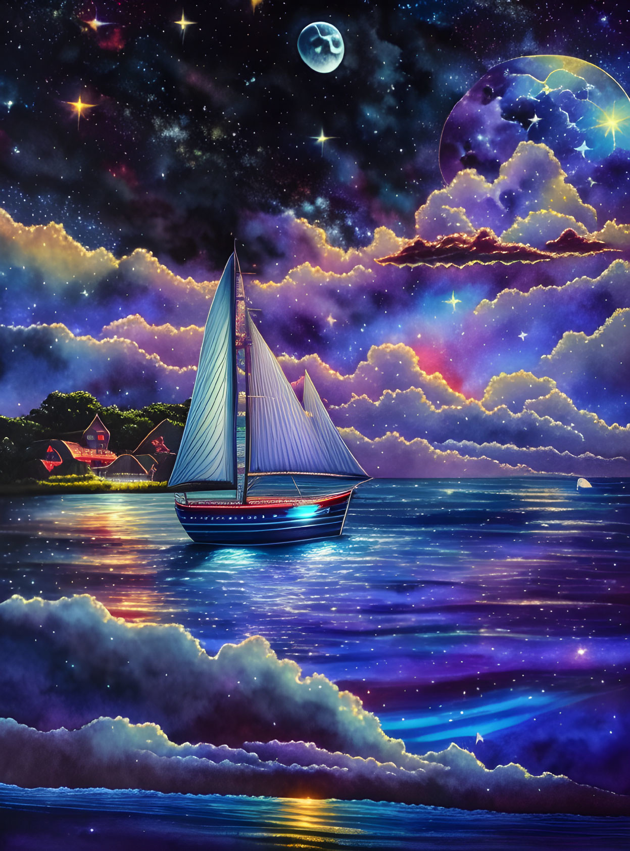 Sailboat on shimmering sea under starry night sky