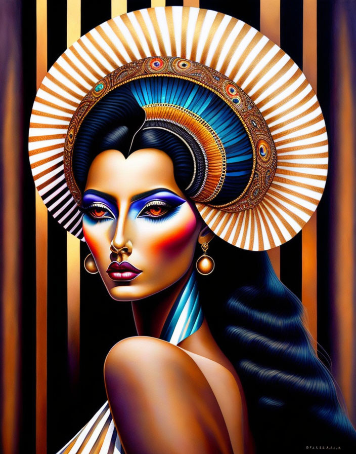 Vibrant Egyptian-themed portrait of a woman with bold makeup and headdress