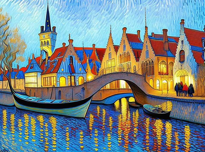 Colorful European Canal Scene with Bridge and Boat