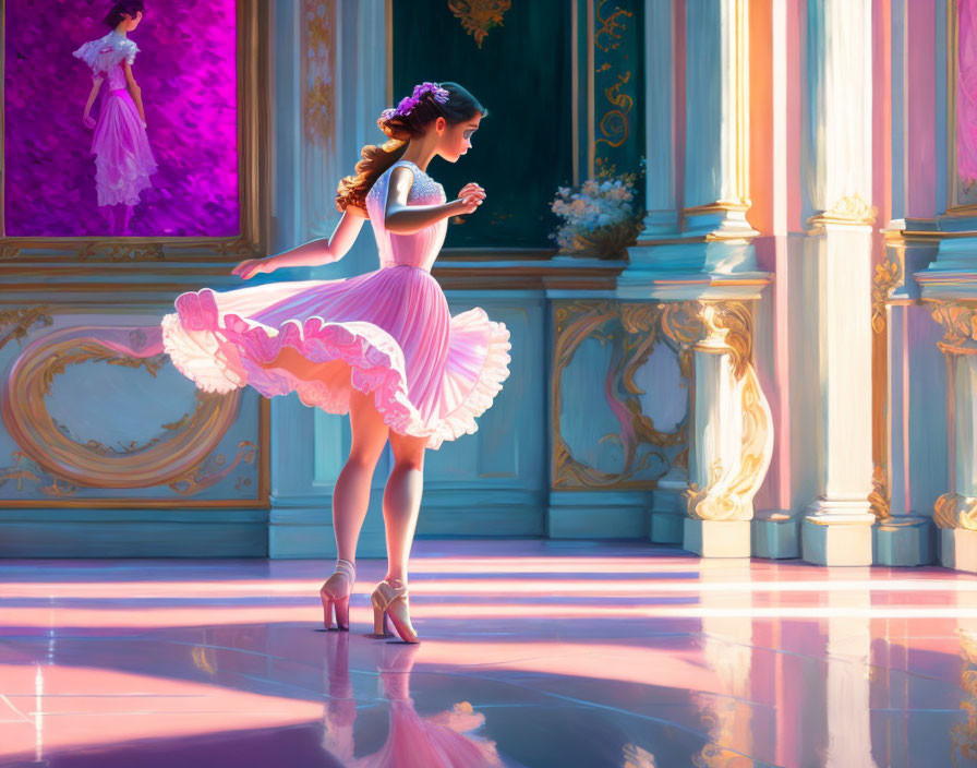 Graceful dancer in pink dress practicing elegant moves in sunlit ballroom.