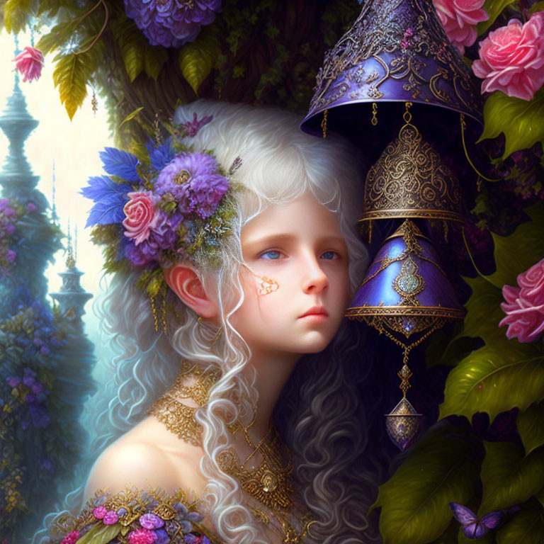 Fantasy portrait: White-haired person with pointed ears, adorned with flowers and jewelry, holding ornate