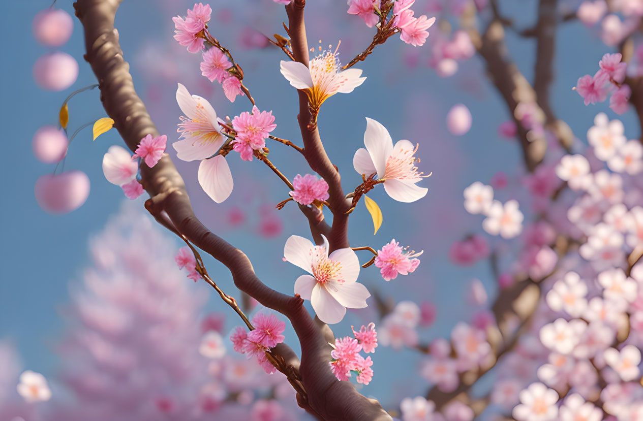 Pink cherry blossoms on tree branch under blue sky