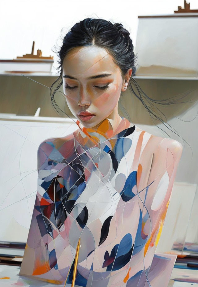 Pensive woman with abstract patterns in studio setting