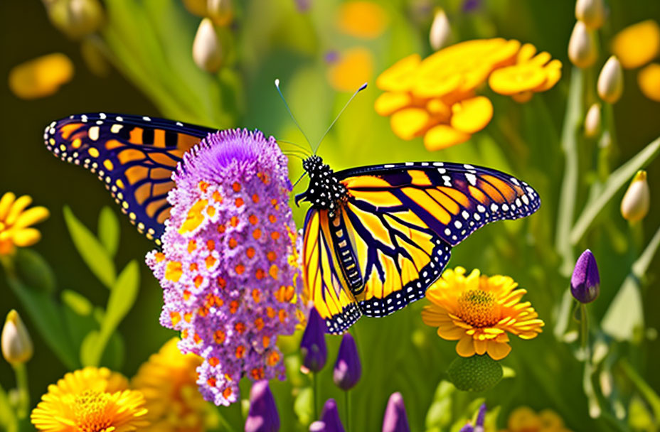 Colorful Monarch Butterfly on Purple Flower with Yellow Background