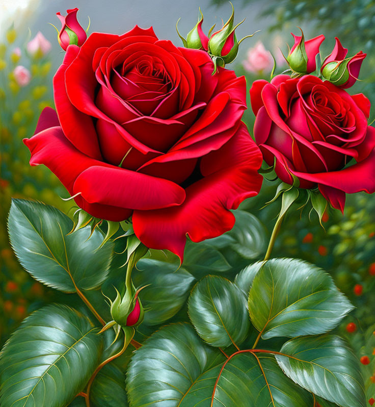 Vibrant red roses in full bloom with green leaves and unopened buds