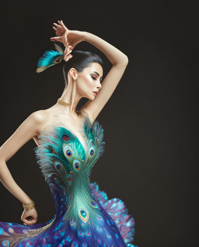 Elegant woman in luxurious peacock-inspired dress with high collar and feather details