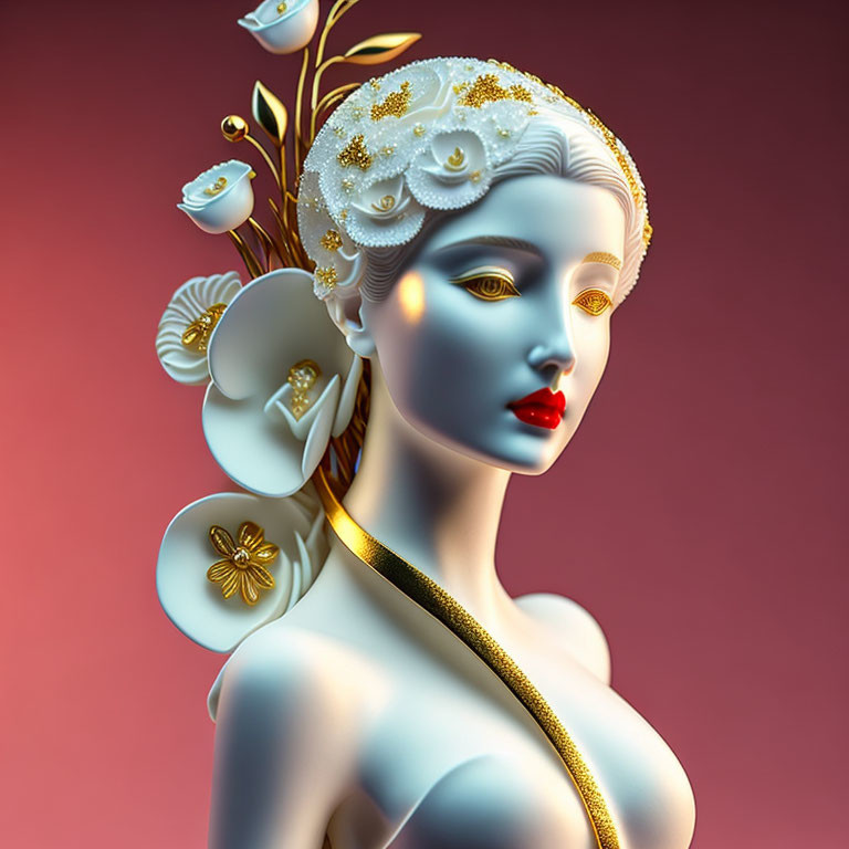 Stylized female figure with porcelain skin and golden details on red background