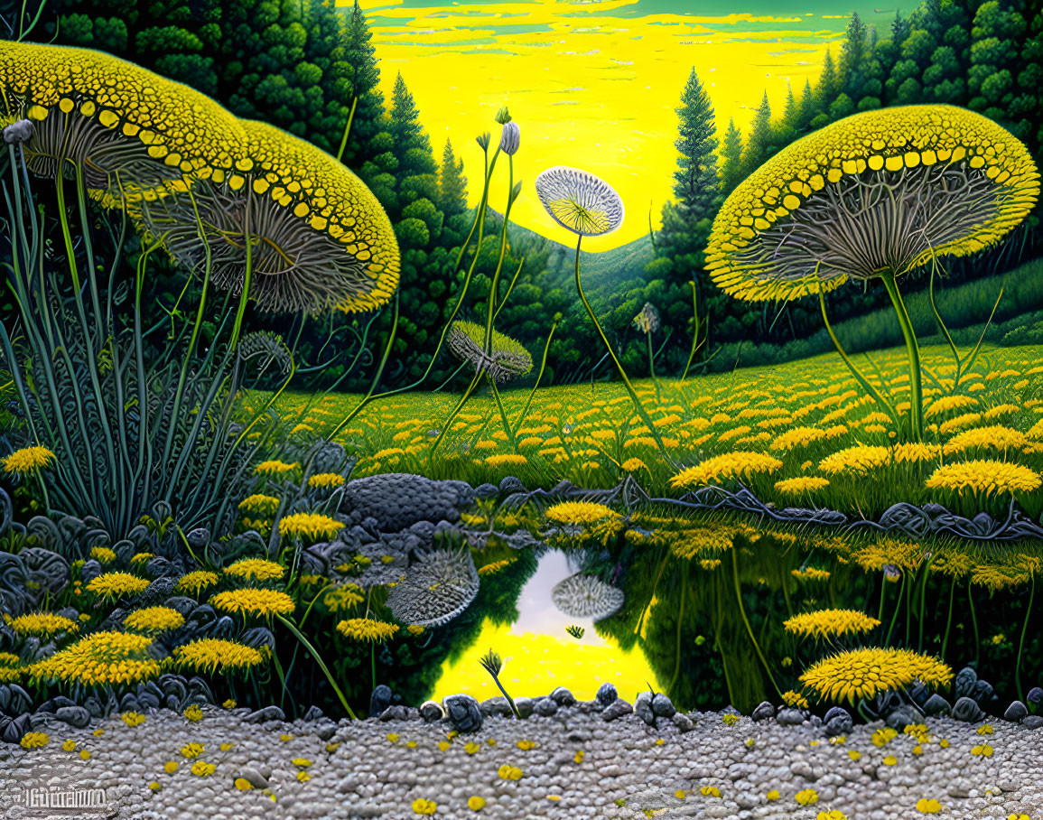 Surreal landscape with oversized mushrooms, dandelion field, reflective pond.