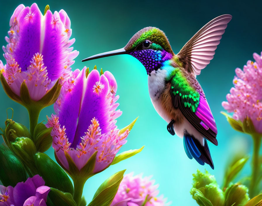 Colorful hummingbird near purple flowers on teal background