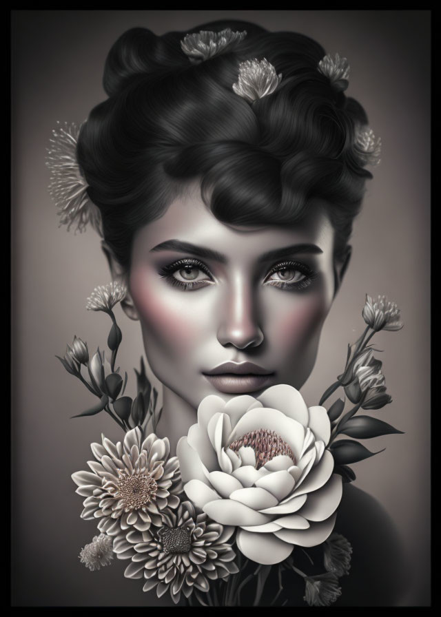 Monochrome portrait of a woman with vintage hairstyle and floral adornments