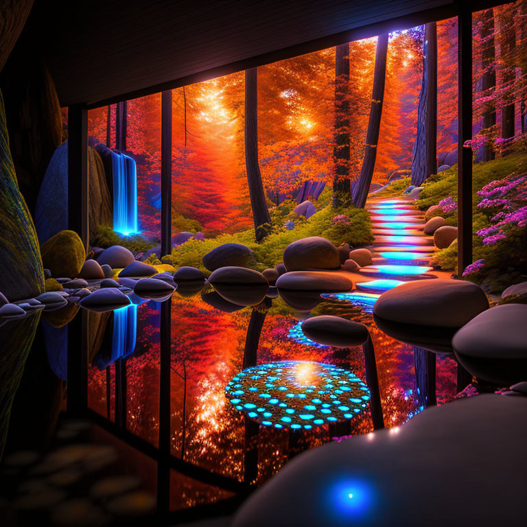 Digital Art: Futuristic Wooden Terrace Overlooking Autumn Forest