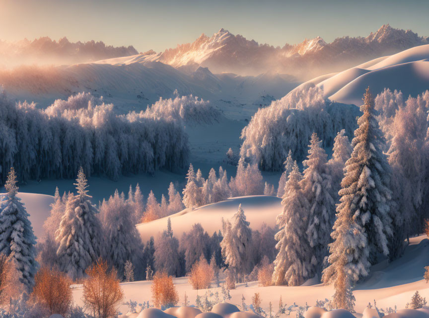 Snow-covered pine trees in serene winter landscape