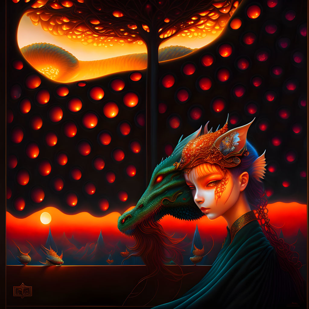 Fantasy art of woman with dragon features and crown under red sky