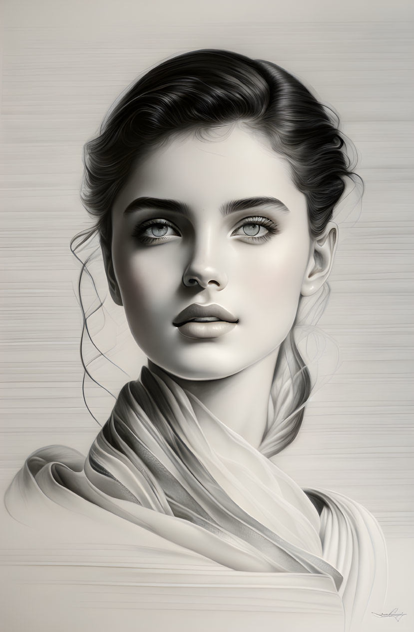 Detailed monochrome digital portrait of a woman with wavy hair and striking eyes, draped in a flowing