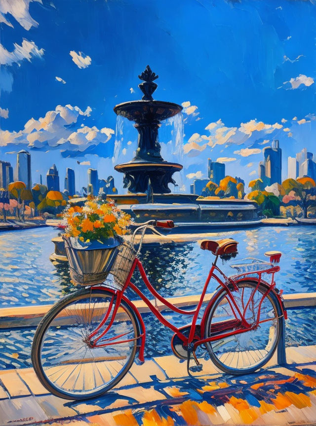 Colorful painting of red bicycle by lakeside with fountain, flowers, city skyline, blue sky.