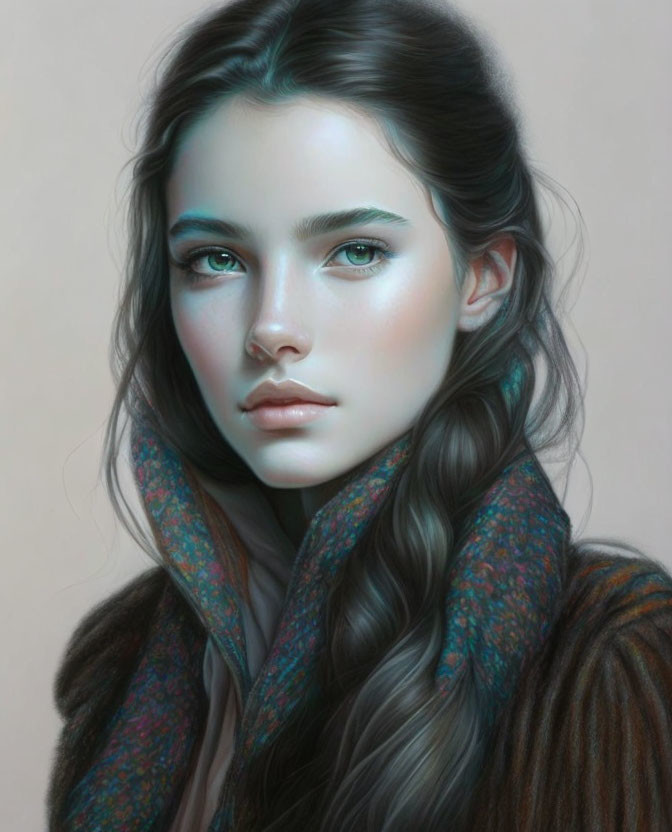 Portrait of Young Woman with Blue Eyes and Braided Hair