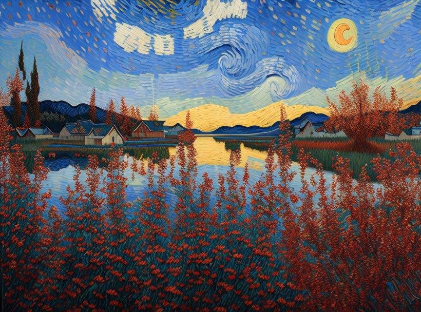 Colorful landscape with blue skies, golden fields, red bushes, and moonlit water