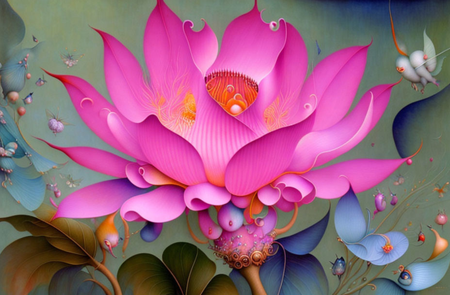 Colorful digital art: Pink lotus flower with whimsical creatures.