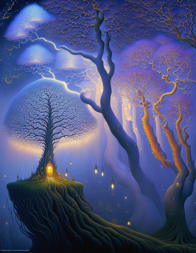 Fantastical illuminated tree painting with lanterns on blue backdrop