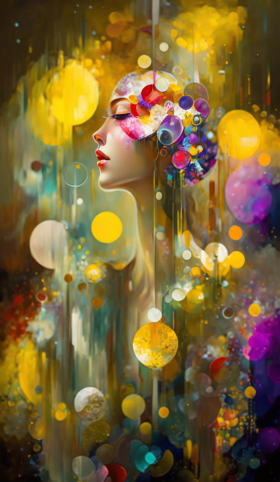 Colorful surreal portrait merges with abstract bubbles and splatters