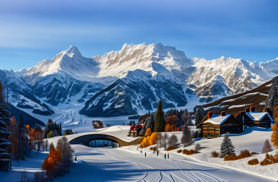 Snow-covered mountains, bridge, and golden foliage in scenic winter landscape