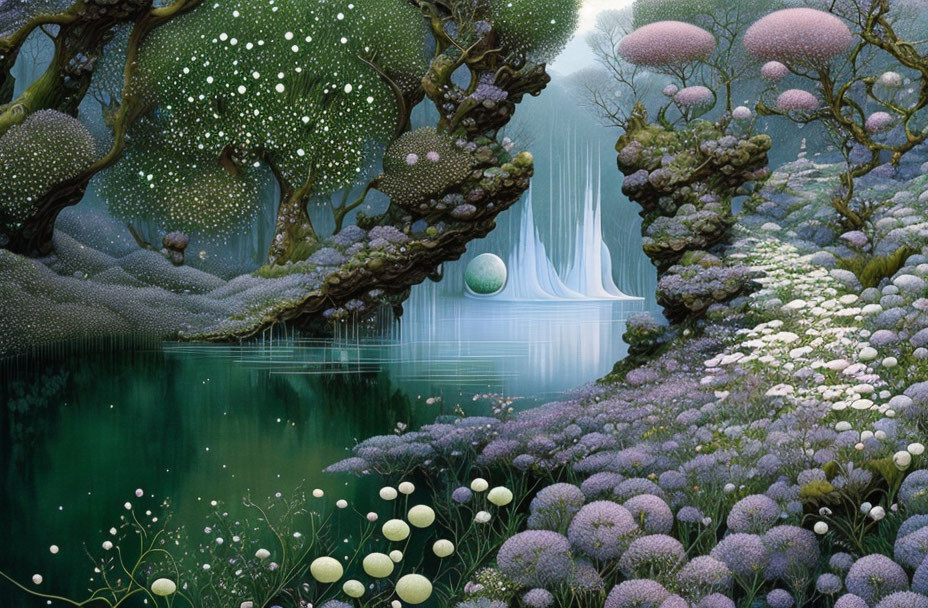 Fantasy landscape with trees, spherical plants, waterfall, and green lake