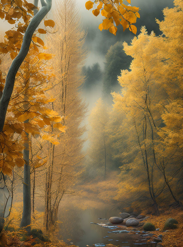 Misty Autumn Forest with Golden Leaves and Stream