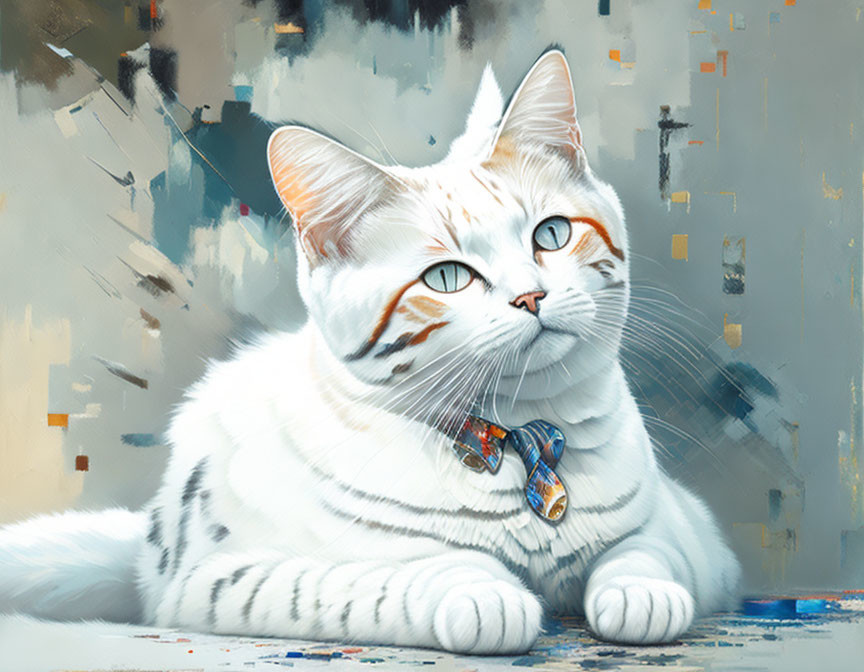 White and Orange Cat Painting with Blue Eyes and Bow Tie on Abstract Background