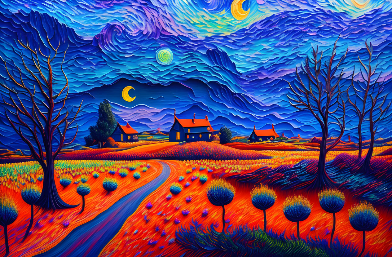 Colorful landscape with swirling skies, meandering road, and quaint village under night sky