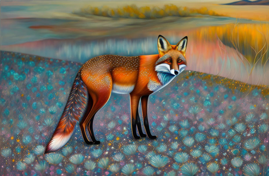 Fox in purple flower field on pastel backdrop