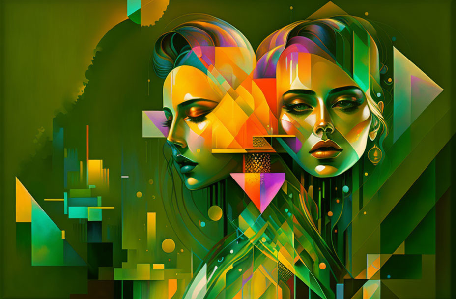 Vibrant geometric patterns on two female faces against green backdrop