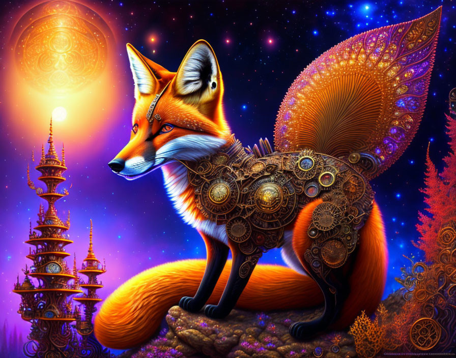 Colorful Mechanical Fox Artwork with Cosmic Oriental Theme