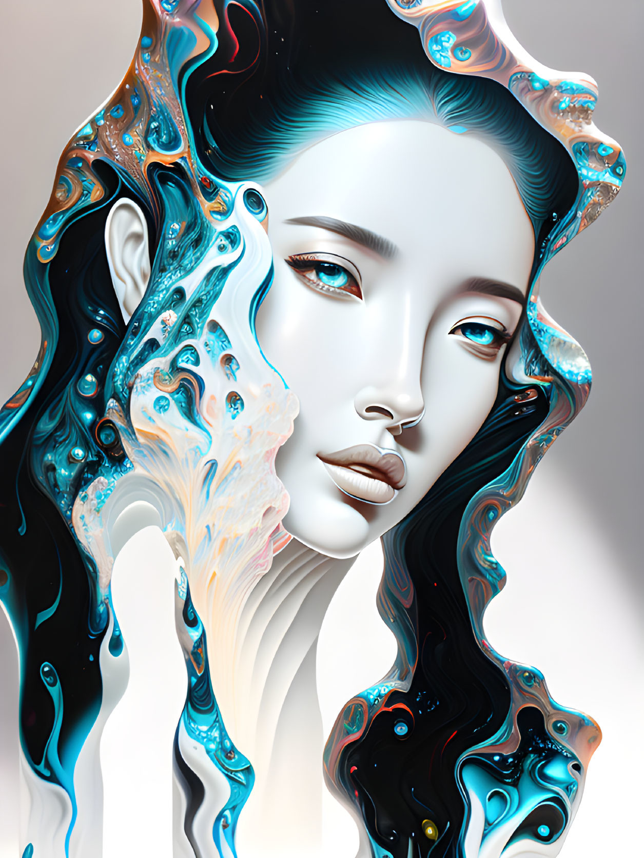 Digital Artwork: Woman with Fluid-Like Substance in Blue, Teal, and Orange Hues