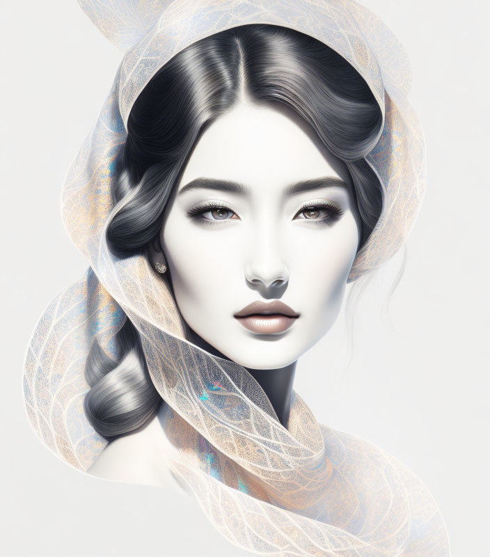 Ethereal woman portrait with stylized hair and translucent scarf