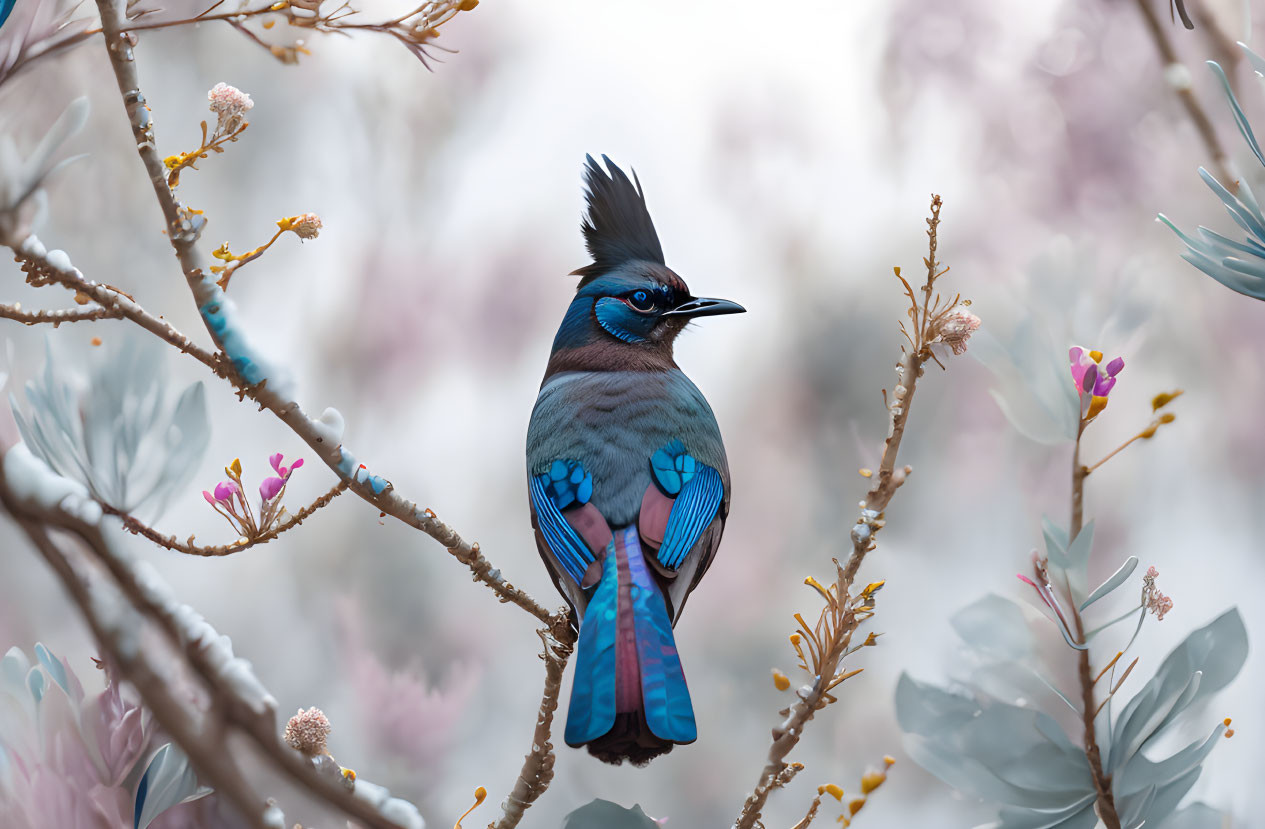 Colorful bird with crest perched on branch with pink flowers in soft background